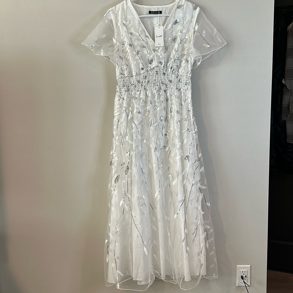 Simplee Women's V-Neck Embroidered‎ Mesh Dress
